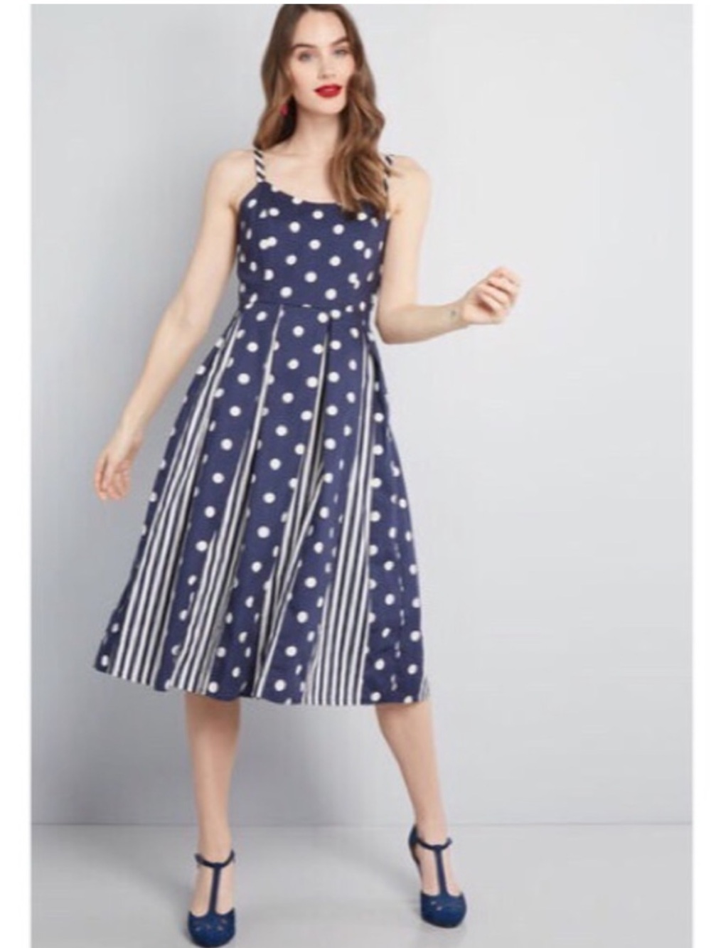 ModCloth Navy Polka Dot & Stripe Fot and Flare Strappy Sundress Rockabilly